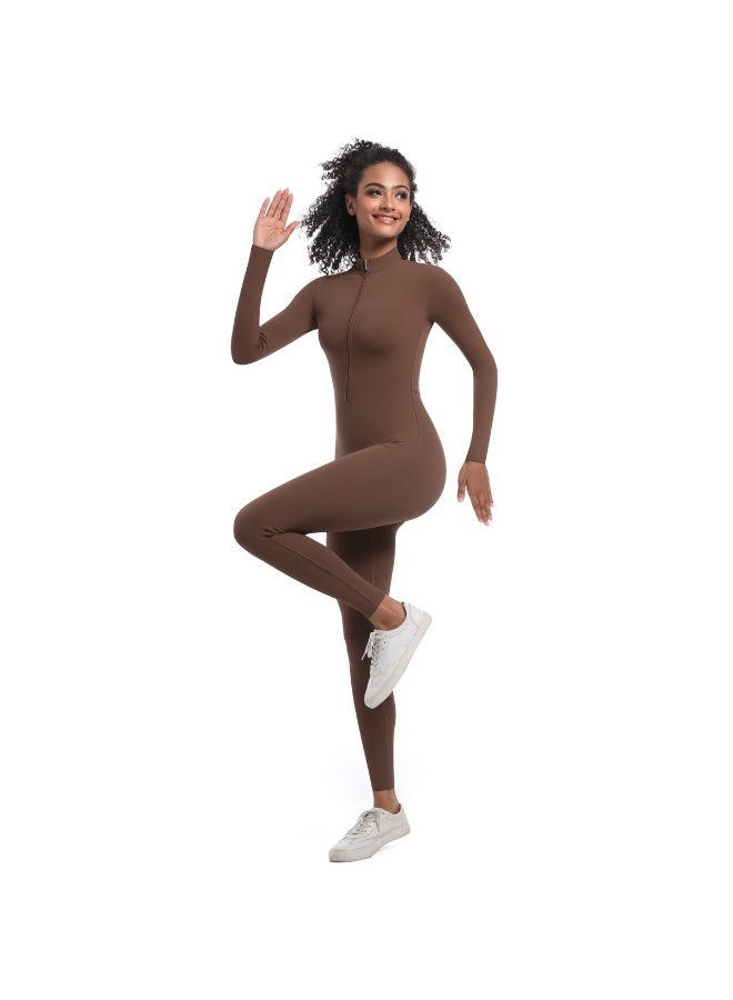 general Solid-color high-elastic half-open zipper tight long yoga suit for fitness, running and sports, one-piece garment - Image 2